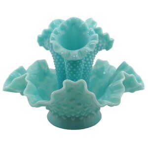 Fenton 3 Horn Epergne Aqua Blue Turquoise Milk Glass Hobnail 4 Pc Vase Vintage